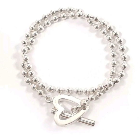 Jewelry - Ball Bead Chain Open Heart T-Bar Toggle Clasp Boule Silver Necklace Stamped